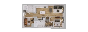 A floor plan of a house with a kitchen, living room, and bathroom.