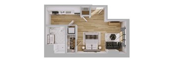 A top-down view of a modern apartment layout with a kitchen, living room, and bedroom.