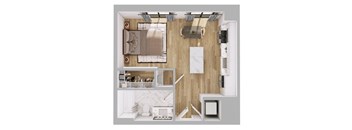 A top down view of a kitchen and living room.