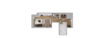 A floor plan of a house with a kitchen, living room, and two bedrooms.