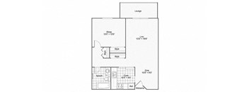 A floor plan of a house with a lounge, sleeping area, and a kitchen.