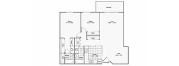 A floor plan of a house with a lounge, two bedrooms, a bathroom, a kitchen, a dining room, and a laundry area.