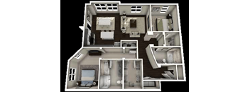 A 3D rendered image of a house layout.