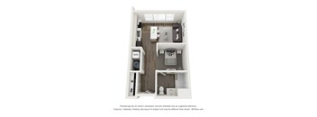 A 3D floor plan of a small apartment with a kitchen, living room, and bathroom.
