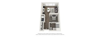 A 3D floor plan of a small apartment with a kitchen, living room, and bathroom.