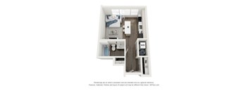 A 3D floor plan of a small apartment with a kitchen, living room, and bedroom.
