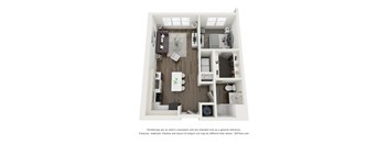 A 3D floor plan of a small apartment with a kitchen, living room, and bathroom.