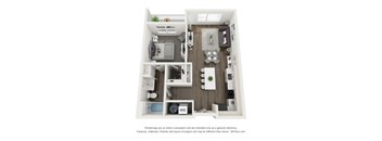 A 3D floor plan of a small apartment with a kitchen, living room, and bathroom.