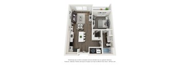 A 3D floor plan of a small apartment with a kitchen, living room, and bathroom.