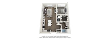 A 3D floor plan of a small apartment with a kitchen, living room, and bathroom.