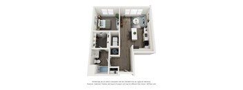 A 3D floor plan of a small apartment with a kitchen, living room, and bathroom.