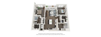 A 3D floor plan of a house with a living room, kitchen, and two bedrooms.