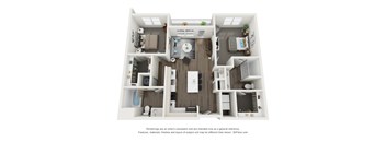 A 3D floor plan of a small apartment with a kitchen, living room, and two bedrooms.
