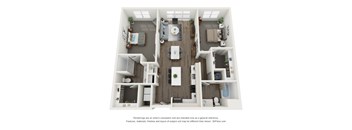 A 3D floor plan of a house with a kitchen, living room, dining room, and bathroom.