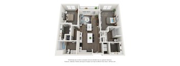 A 3D floor plan of a small apartment with a kitchen, living room, and two bedrooms.