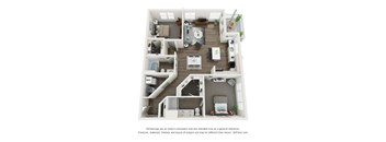 A 3D floor plan of a house with a kitchen, living room, and two bedrooms.