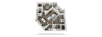 A 3D floor plan of a house with a kitchen, living room, and two bedrooms.