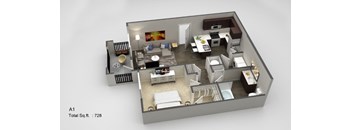 A 3D image of a house layout with a total square footage of 728.
