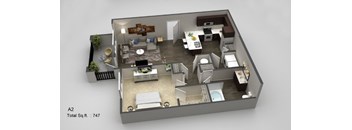 A 3D floor plan of a small apartment with a total area of 747 square feet.
