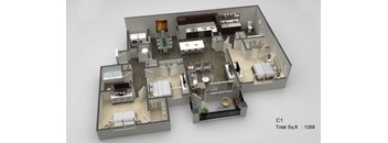 A 3D floor plan of a C1 apartment with a total area of 1288 square feet.