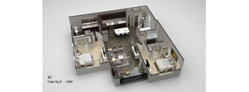 A 3D floor plan of apartment B2 with a total area of 1069 square feet.