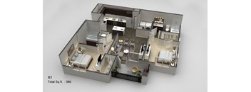A 3D floor plan of apartment B1 with a total area of 960 square feet.