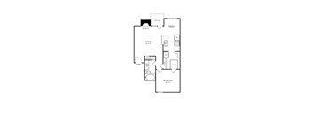 A floor plan of an apartment with a living area, a dining area, a kitchen, a bedroom, and an entry.