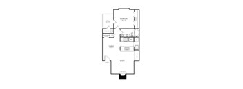A black and white floor plan of an apartment with a bedroom, a dining area, a living room, a kitchen, a bathroom, a storage area, and an entry way.