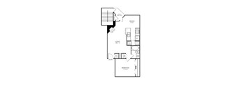 A floor plan of a small apartment with a living room, bedroom, and dining area.