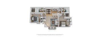 A 3D floor plan of a house layout.
