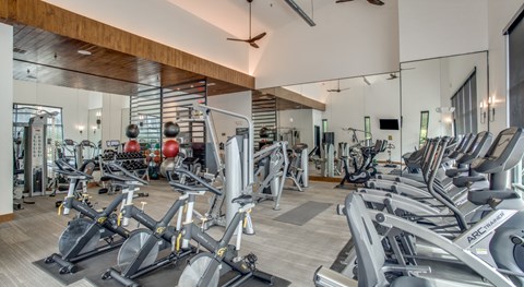 Fitness center with cardio and strength equipment at Twin Creeks Crossing, apartments in Allen