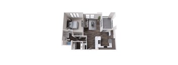 A top-down view of a modern apartment layout.