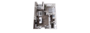 A top-down view of a modern apartment layout.