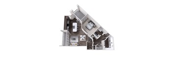 A 3D rendered image of a house layout.
