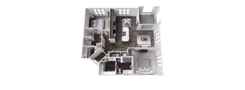 A 3D floor plan of a house with multiple rooms and furniture.