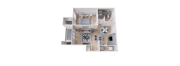 A top down view of a modern apartment with a kitchen, living room, and bedroom.