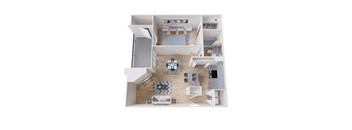 A top-down view of a modern, minimalist apartment with a living room, kitchen, and bedroom.