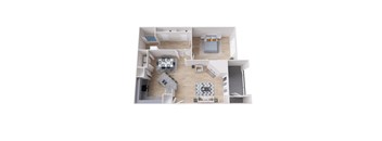 A 3D floor plan of a house with a living room, kitchen, and two bedrooms.