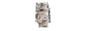 A top down view of a house interior with a kitchen, living room, dining room, and bathroom.