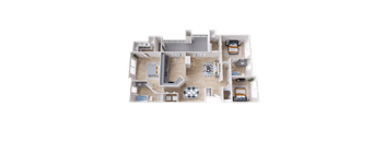 A 3D floor plan of a house with multiple rooms and furniture.