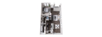 A top-down view of a small apartment with a bedroom, living room, and kitchen.