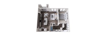 A cutaway view of a modern apartment layout with a kitchen, living room, and bedroom.