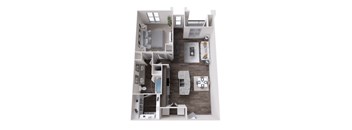 A top-down view of a modern apartment layout with a kitchen, living room, and bedroom.