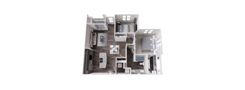 A top-down view of a modern apartment layout with a kitchen, living room, and bedrooms.