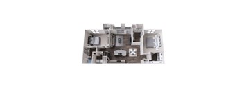 A 3D model of a modern apartment layout.