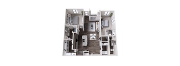 A white model of a house with various rooms and furniture.