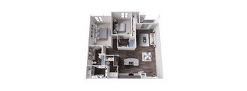 A top-down view of a modern apartment layout with a kitchen, living room, and bedrooms.