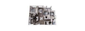 A top-down view of a modern apartment layout with a kitchen, living room, and bedrooms.