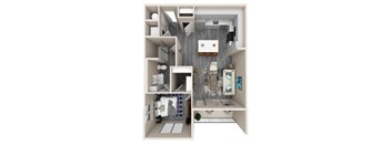 A modern kitchen with a grey floor and white walls.