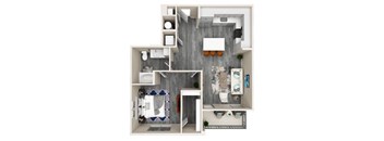 A top-down view of a small apartment with a kitchen, bathroom, and living room.